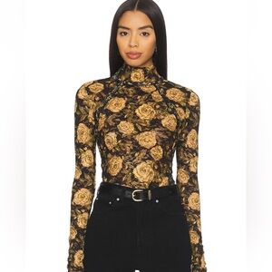 Free People Black Mock Neck Long Sleeve Top with Gold Floral Print